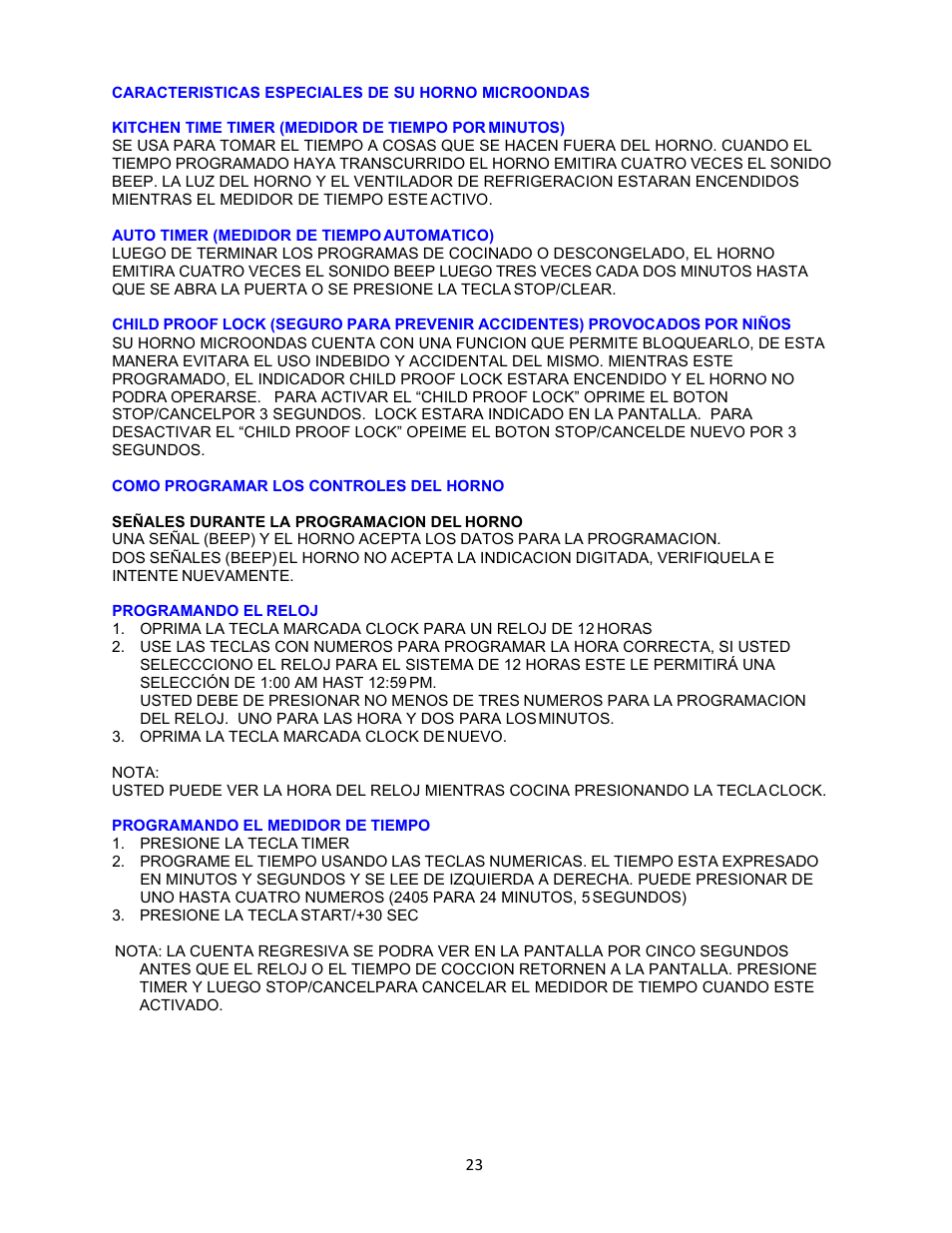 Auto timer (medidor de tiempo automatico), Programando el reloj, Programando el medidor de tiempo | Avanti 18 Inch Countertop Microwave Oven Instruction Guide User Manual | Page 23 / 48