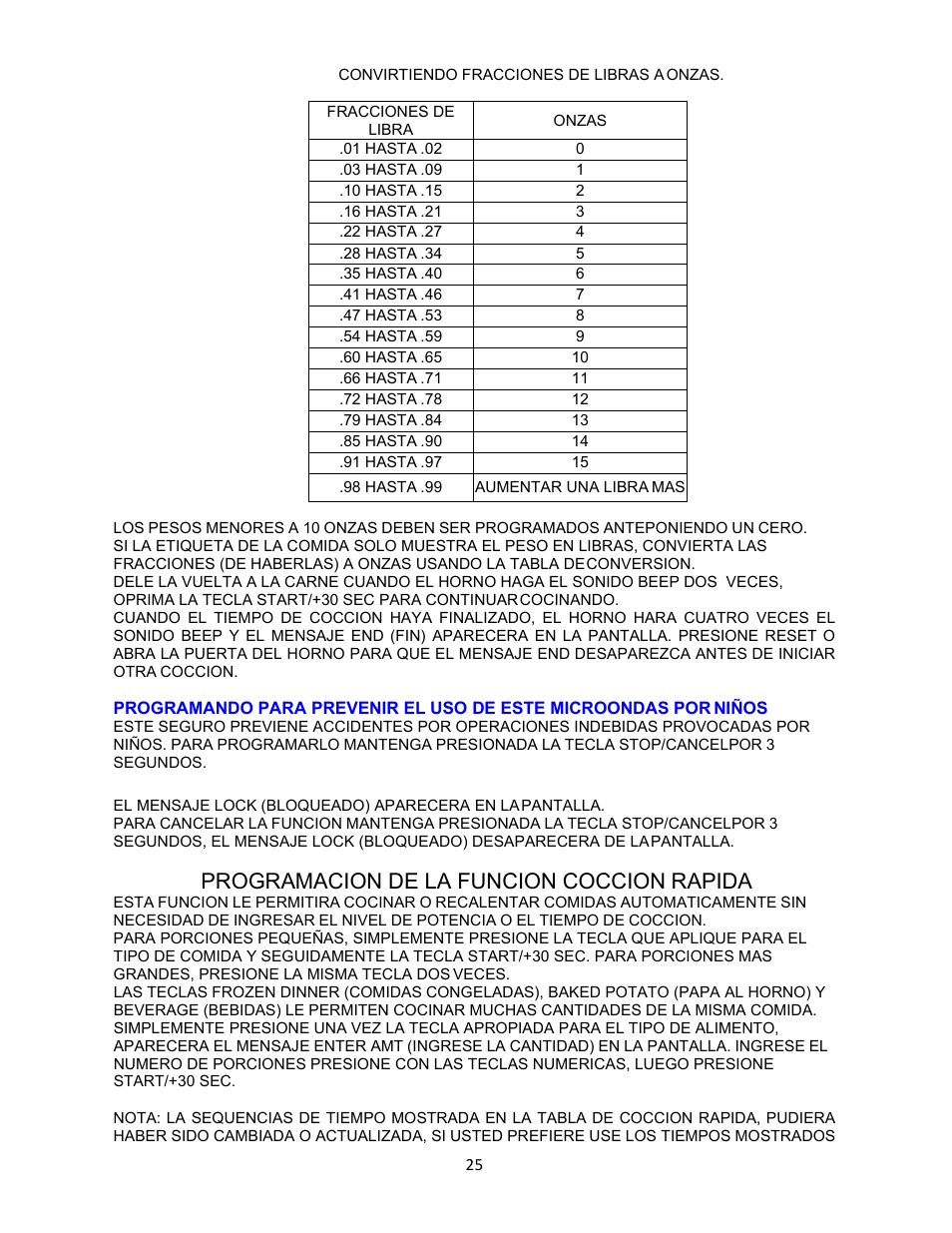 Programacion de la funcion coccion rapida | Avanti 18 Inch Countertop Microwave Oven Instruction Guide User Manual | Page 25 / 48