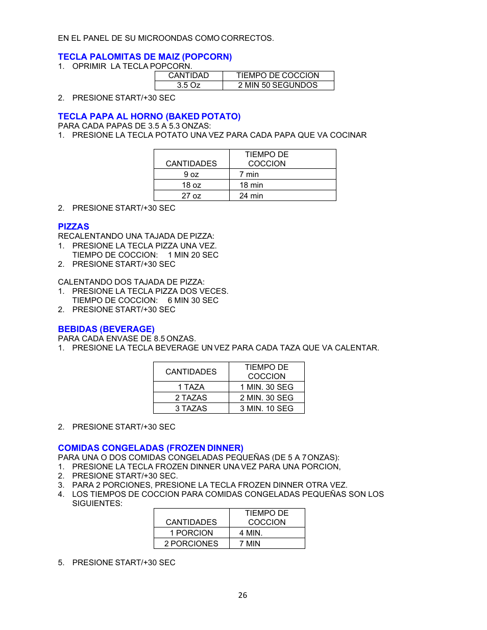 Tecla palomitas de maiz (popcorn), Tecla papa al horno (baked potato), Pizzas | Bebidas (beverage), Comidas congeladas (frozen dinner) | Avanti 18 Inch Countertop Microwave Oven Instruction Guide User Manual | Page 26 / 48