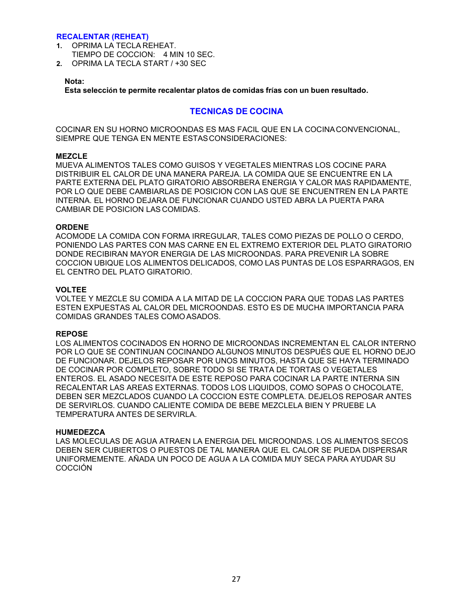 Recalentar (reheat), Nota, Mezcle | Ordene, Voltee, Repose, Humedezca | Avanti 18 Inch Countertop Microwave Oven Instruction Guide User Manual | Page 27 / 48