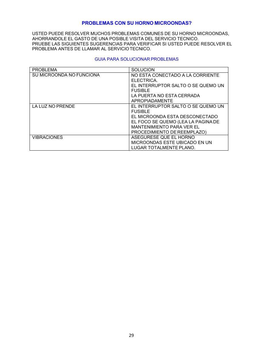 Problemas con su horno microondas | Avanti 18 Inch Countertop Microwave Oven Instruction Guide User Manual | Page 29 / 48
