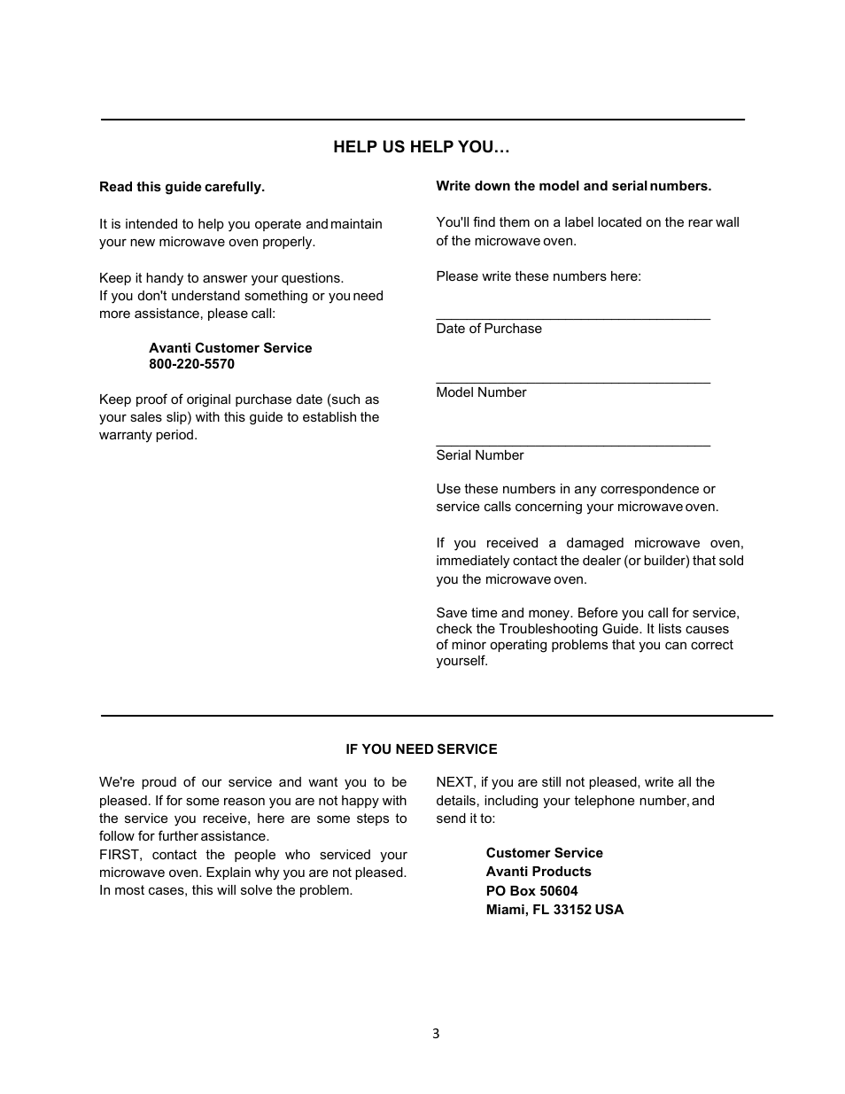 Read this guide carefully, Avanti customer service 800-220-5570, Write down the model and serial numbers | If you need service, Customer service avanti products, Po box 50604, Miami, fl 33152 usa | Avanti 18 Inch Countertop Microwave Oven Instruction Guide User Manual | Page 3 / 48