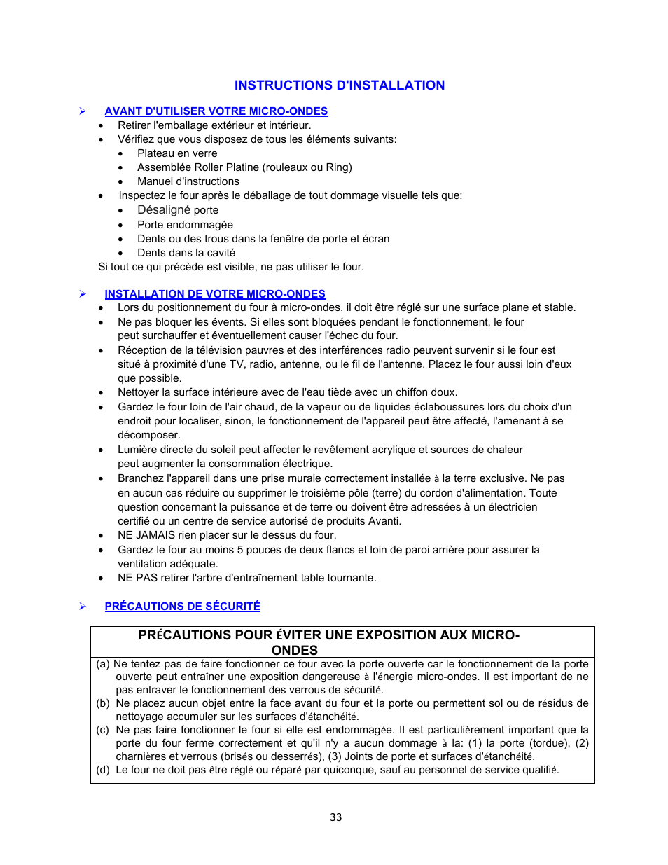 Installation de votre micro-ondes, Précautions de sécurité | Avanti 18 Inch Countertop Microwave Oven Instruction Guide User Manual | Page 33 / 48