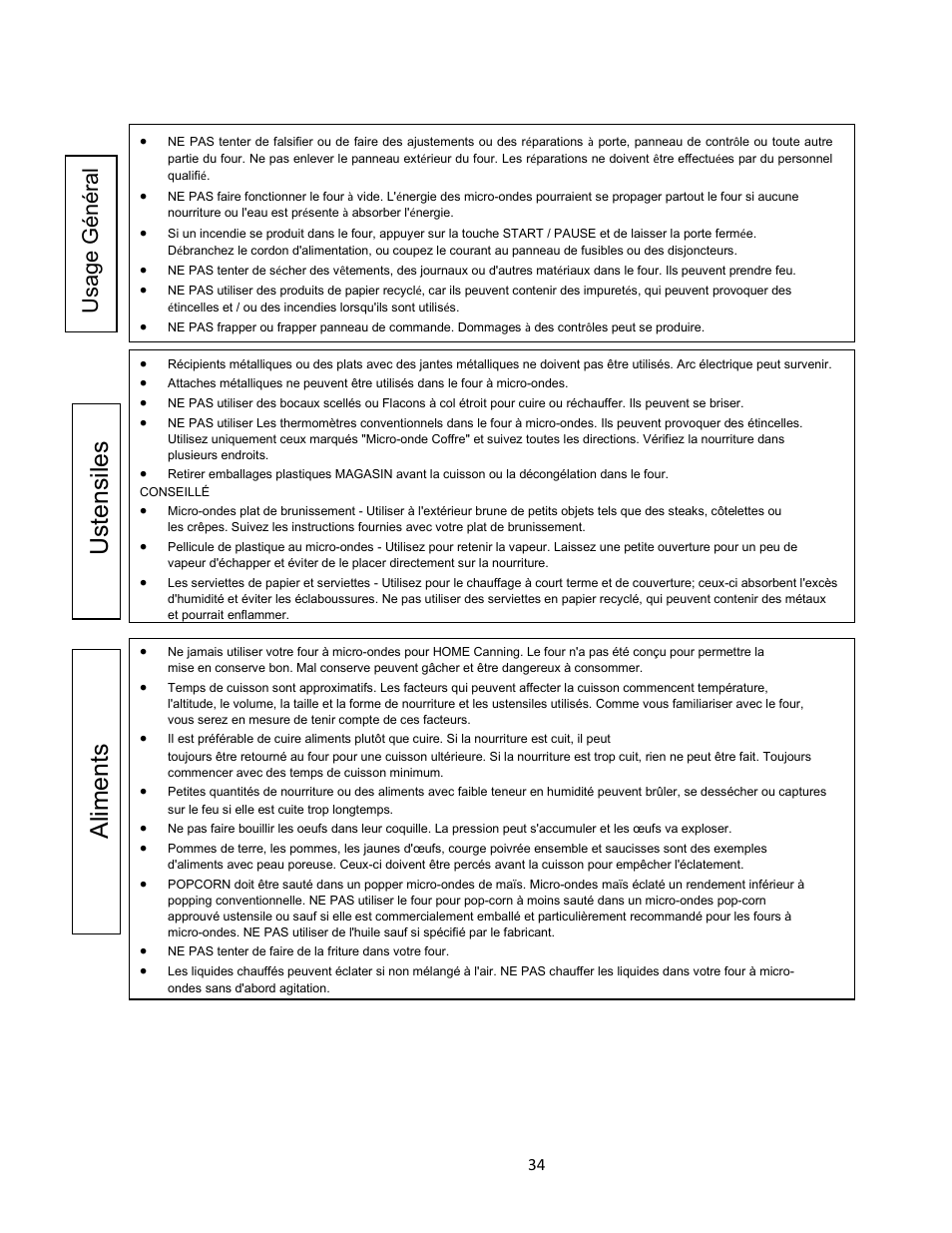 Us tens iles al im ent s, Usa ge gén ér al | Avanti 18 Inch Countertop Microwave Oven Instruction Guide User Manual | Page 34 / 48