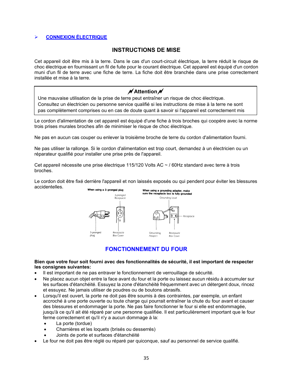 Connexion électrique, Fonctionnement du four | Avanti 18 Inch Countertop Microwave Oven Instruction Guide User Manual | Page 35 / 48
