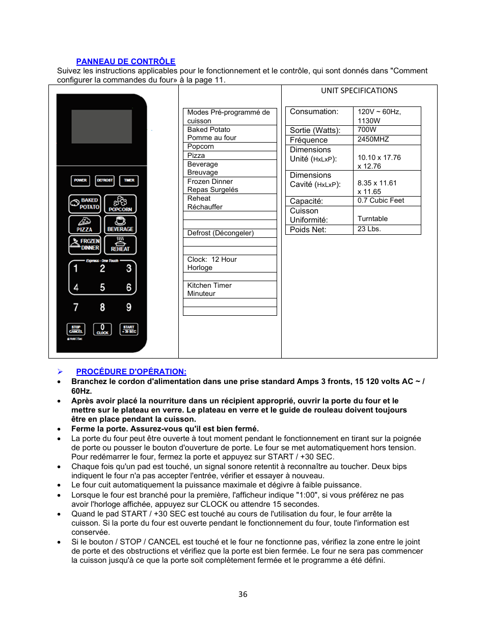 Panneau de contrôle, Procédure d'opération | Avanti 18 Inch Countertop Microwave Oven Instruction Guide User Manual | Page 36 / 48