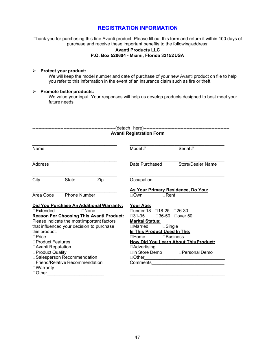 Registration information, Avanti products llc, Promote better products | Avanti registration form, Did you purchase an additional warranty: your age | Avanti 18 Inch Countertop Microwave Oven Instruction Guide User Manual | Page 47 / 48