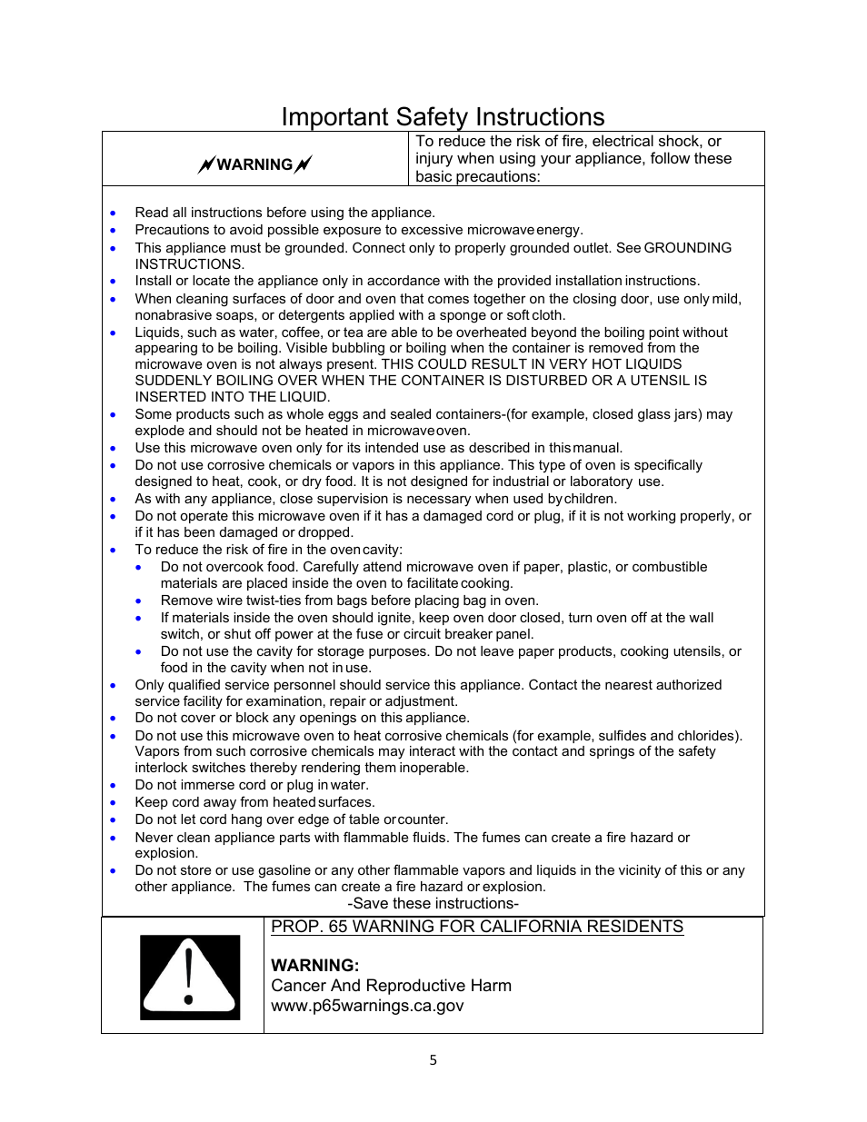 Important safety instructions | Avanti 18 Inch Countertop Microwave Oven Instruction Guide User Manual | Page 5 / 48