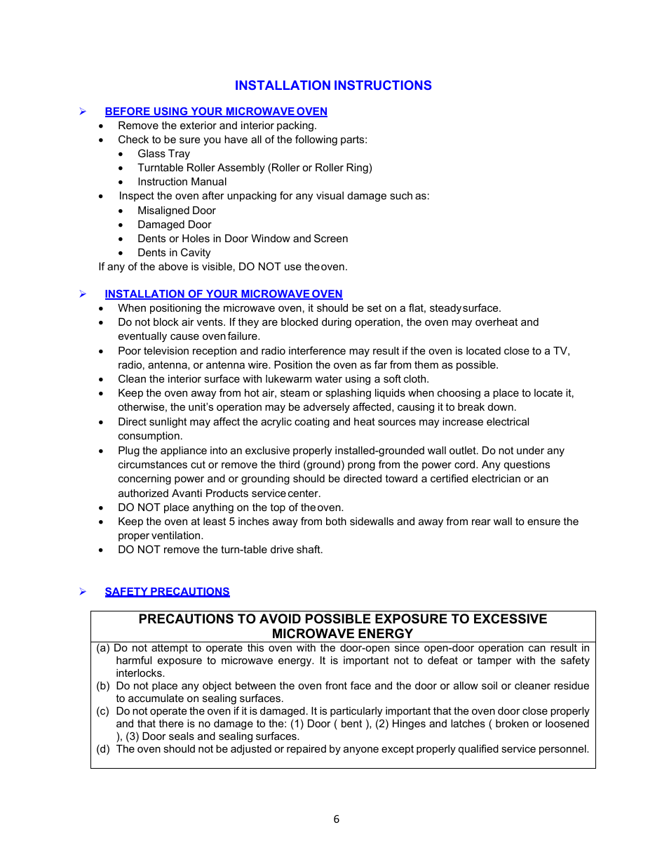 Installation of your microwave oven, Safety precautions | Avanti 18 Inch Countertop Microwave Oven Instruction Guide User Manual | Page 6 / 48