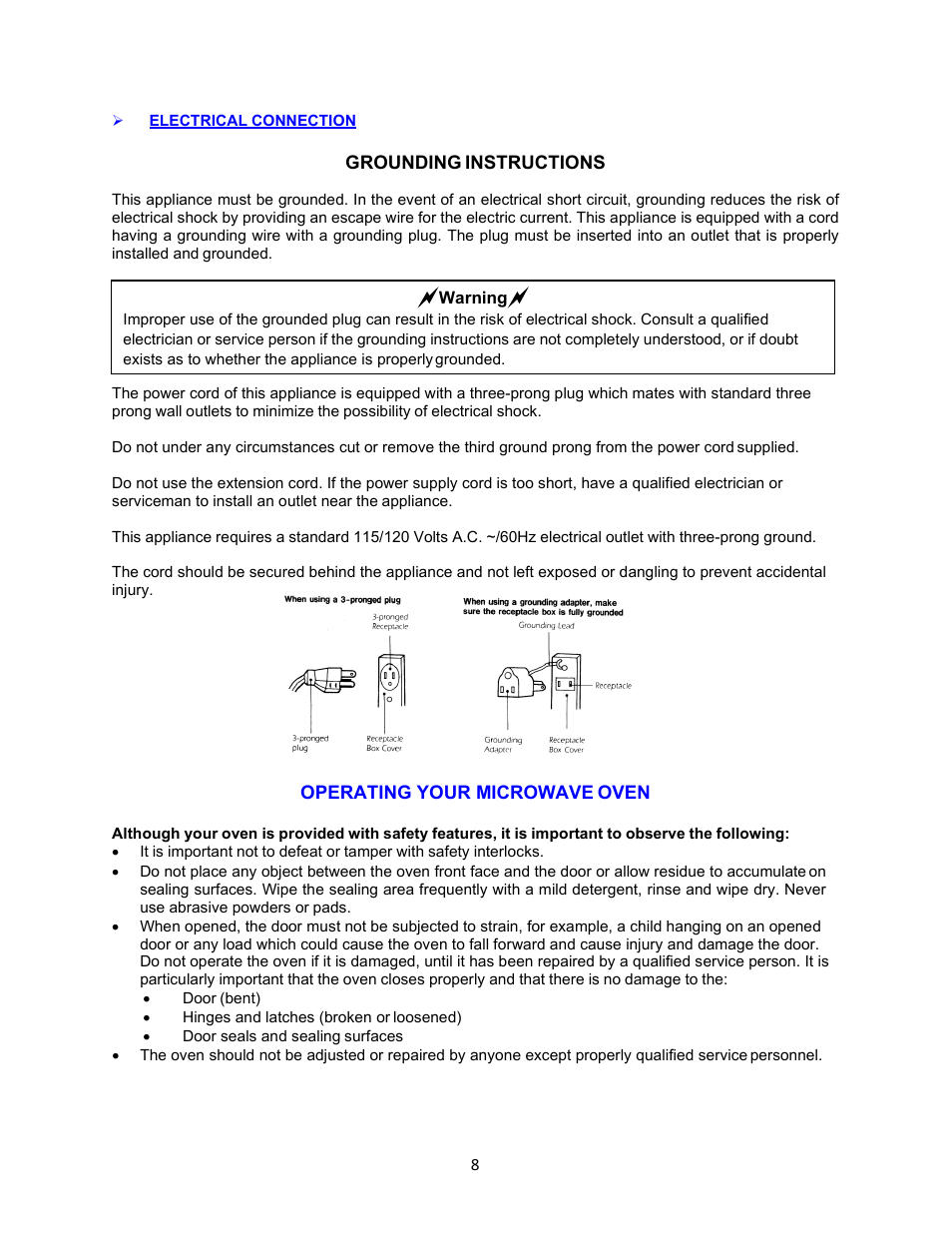 Electrical connection, Operating your microwave oven | Avanti 18 Inch Countertop Microwave Oven Instruction Guide User Manual | Page 8 / 48