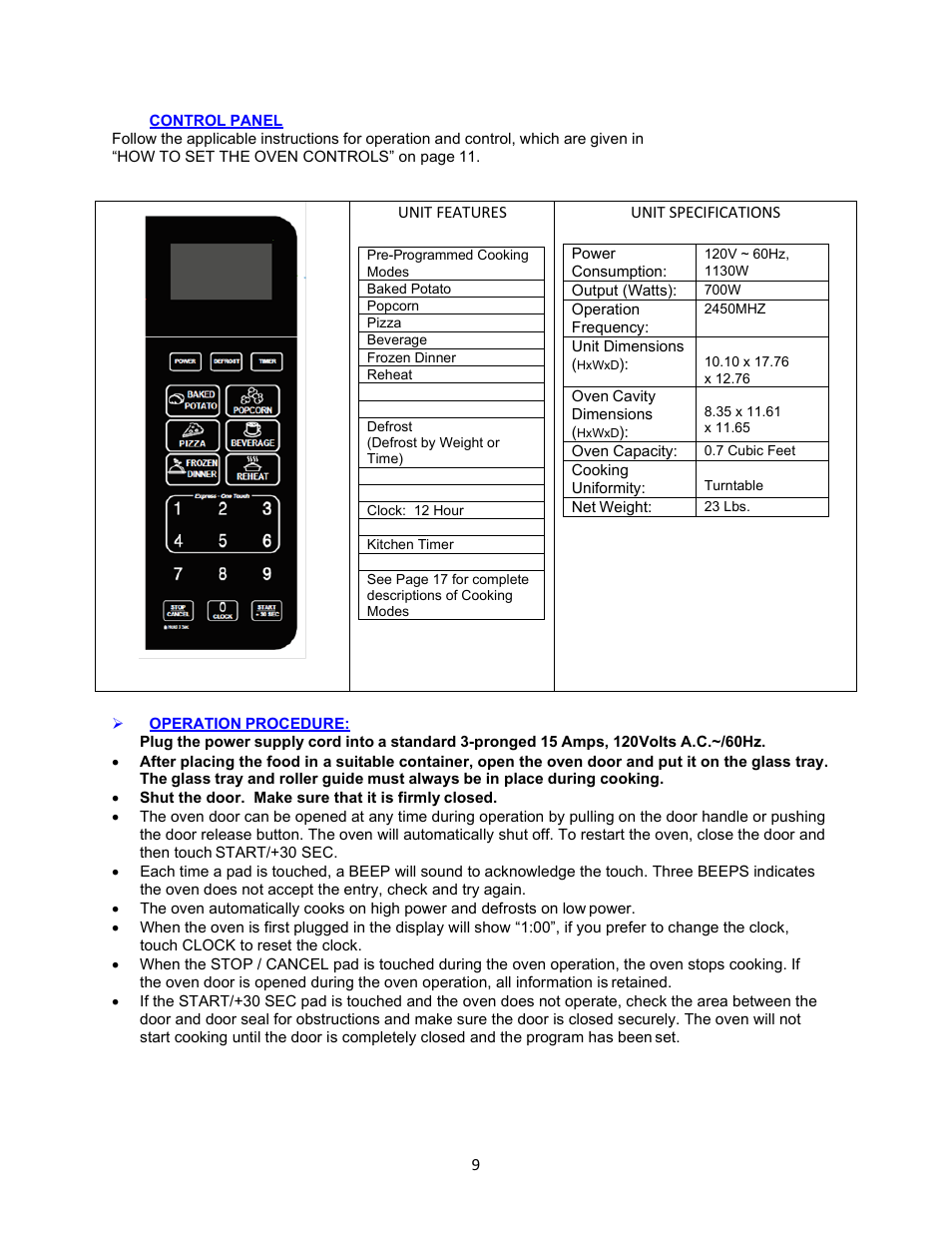 Control panel, Operation procedure | Avanti 18 Inch Countertop Microwave Oven Instruction Guide User Manual | Page 9 / 48