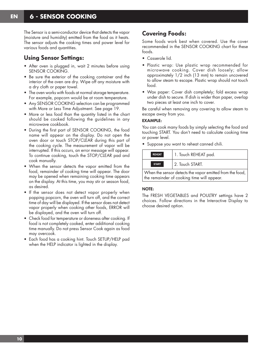 Using sensor settings, Covering foods, 6 - sensor cooking | Fulgor Milano 24 Inch Countertop Microwave Oven Use and Care Manual User Manual | Page 12 / 56