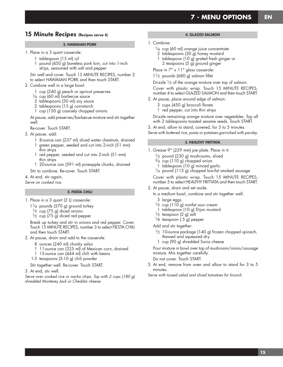 15 minute recipes, 7 - menu options | Fulgor Milano 24 Inch Countertop Microwave Oven Use and Care Manual User Manual | Page 17 / 56