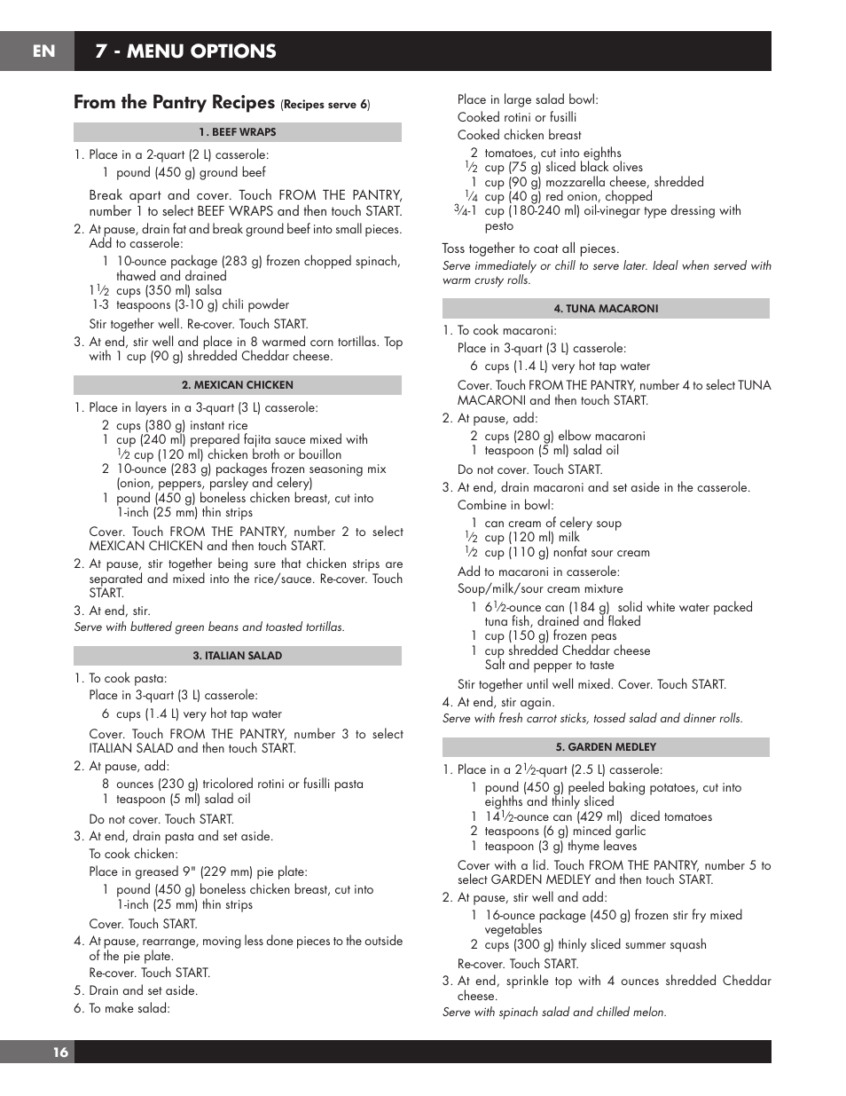 7 - menu options | Fulgor Milano 24 Inch Countertop Microwave Oven Use and Care Manual User Manual | Page 18 / 56