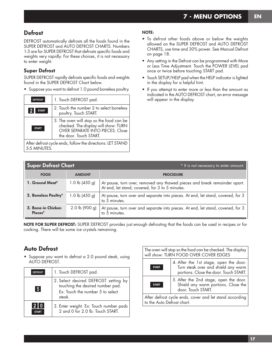 Defrost, Auto defrost, 7 - menu options | Super defrost chart, Super defrost | Fulgor Milano 24 Inch Countertop Microwave Oven Use and Care Manual User Manual | Page 19 / 56