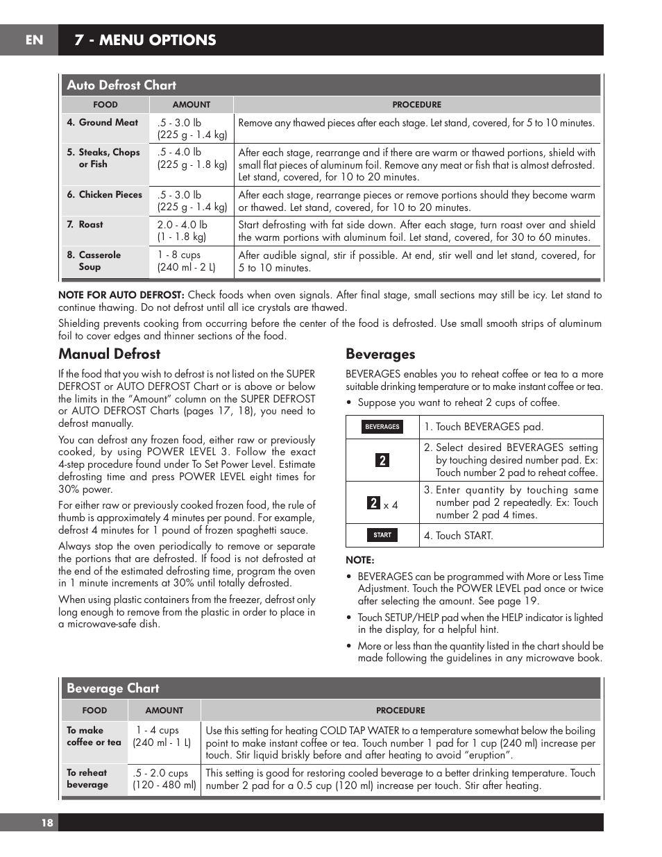 Beverages, Manual defrost, 7 - menu options | Beverage chart, Auto defrost chart | Fulgor Milano 24 Inch Countertop Microwave Oven Use and Care Manual User Manual | Page 20 / 56
