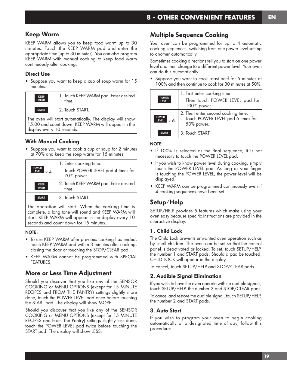 Keep warm, More or less time adjustment, Multiple sequence cooking | Setup/help, 8 - other convenient features | Fulgor Milano 24 Inch Countertop Microwave Oven Use and Care Manual User Manual | Page 21 / 56