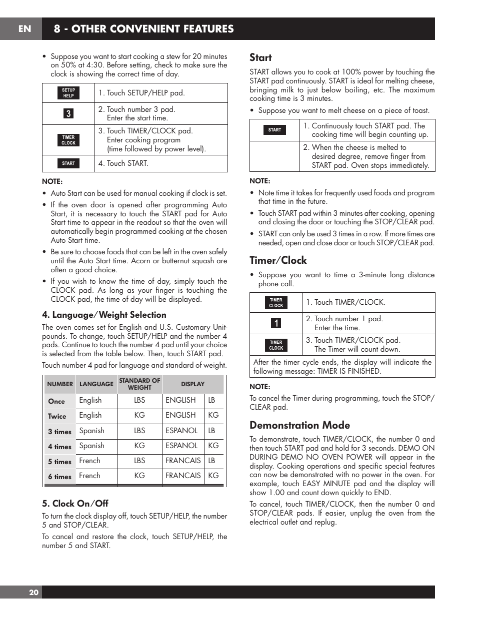 Start, Timer/clock, Demonstration mode | 8 - other convenient features, Language/weight selection, Clock on/off | Fulgor Milano 24 Inch Countertop Microwave Oven Use and Care Manual User Manual | Page 22 / 56