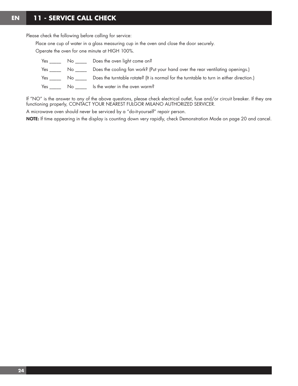 11 - service call check | Fulgor Milano 24 Inch Countertop Microwave Oven Use and Care Manual User Manual | Page 26 / 56