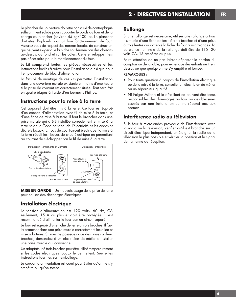 Instructions pour la mise à la terre, Installation électrique, Rallonge | Interférence radio ou télévision, 2 - directives d'installation | Fulgor Milano 24 Inch Countertop Microwave Oven Use and Care Manual User Manual | Page 31 / 56