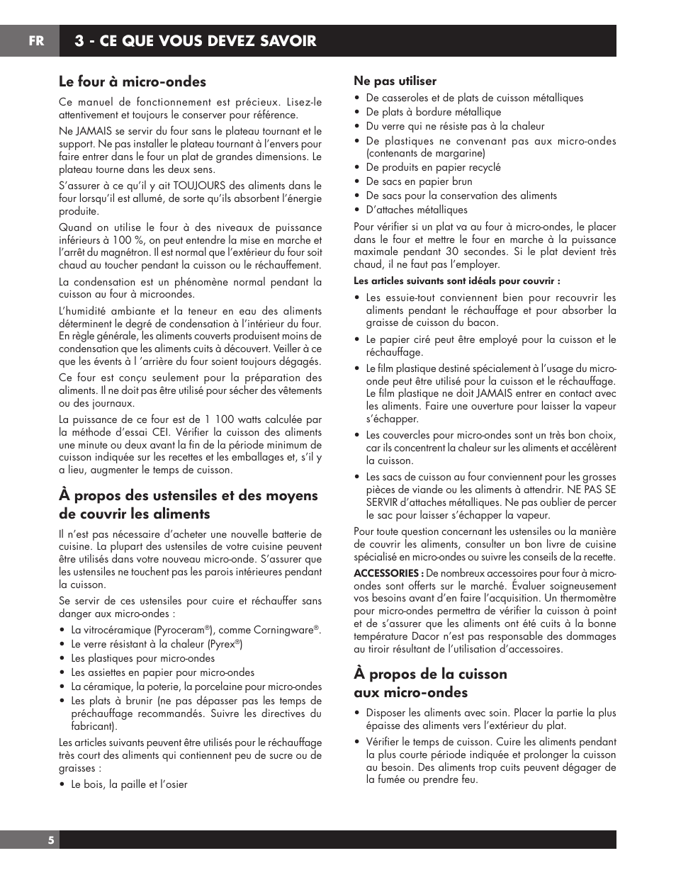 Le four à micro-ondes, À propos de la cuisson aux micro-ondes, 3 - ce que vous devez savoir | Ne pas utiliser | Fulgor Milano 24 Inch Countertop Microwave Oven Use and Care Manual User Manual | Page 32 / 56