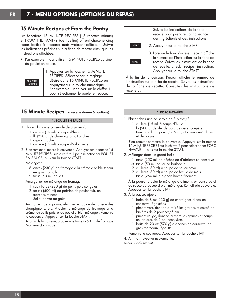 15 minute recipes et from the pantry, 15 minute recipes, 7 - menu options (options du repas) | Fulgor Milano 24 Inch Countertop Microwave Oven Use and Care Manual User Manual | Page 42 / 56