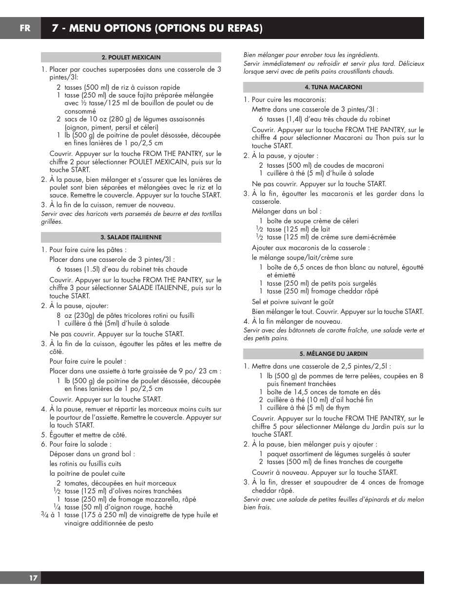 7 - menu options (options du repas) | Fulgor Milano 24 Inch Countertop Microwave Oven Use and Care Manual User Manual | Page 44 / 56