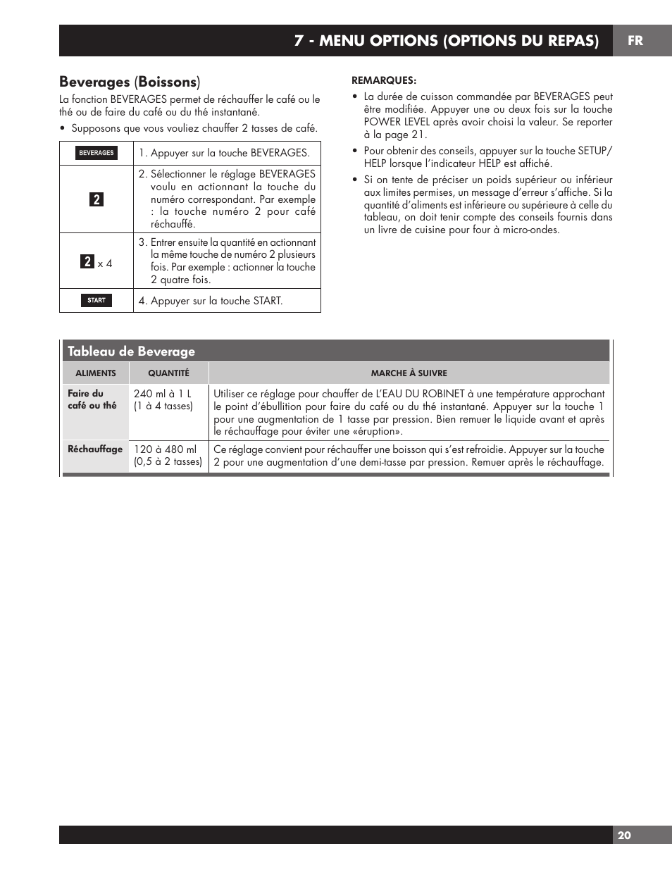 Beverages (boissons), 7 - menu options (options du repas), Tableau de beverage | Fulgor Milano 24 Inch Countertop Microwave Oven Use and Care Manual User Manual | Page 47 / 56