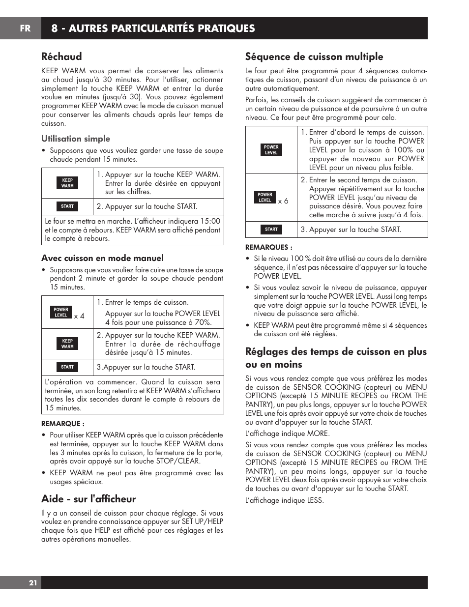 Réchaud, Aide - sur l'afficheur, Séquence de cuisson multiple | Réglages des temps de cuisson en plus ou en moins, 8 - autres particularités pratiques, Utilisation simple, Avec cuisson en mode manuel | Fulgor Milano 24 Inch Countertop Microwave Oven Use and Care Manual User Manual | Page 48 / 56