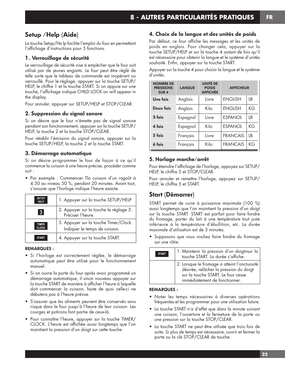 Setup /help (aide), Start (démarrer), 8 - autres particularités pratiques | Verrouillage de sécurité, Suppression du signal sonore, Démarrage automatique, Choix de la langue et des unités de poids, Horlage marche/arrêt | Fulgor Milano 24 Inch Countertop Microwave Oven Use and Care Manual User Manual | Page 49 / 56