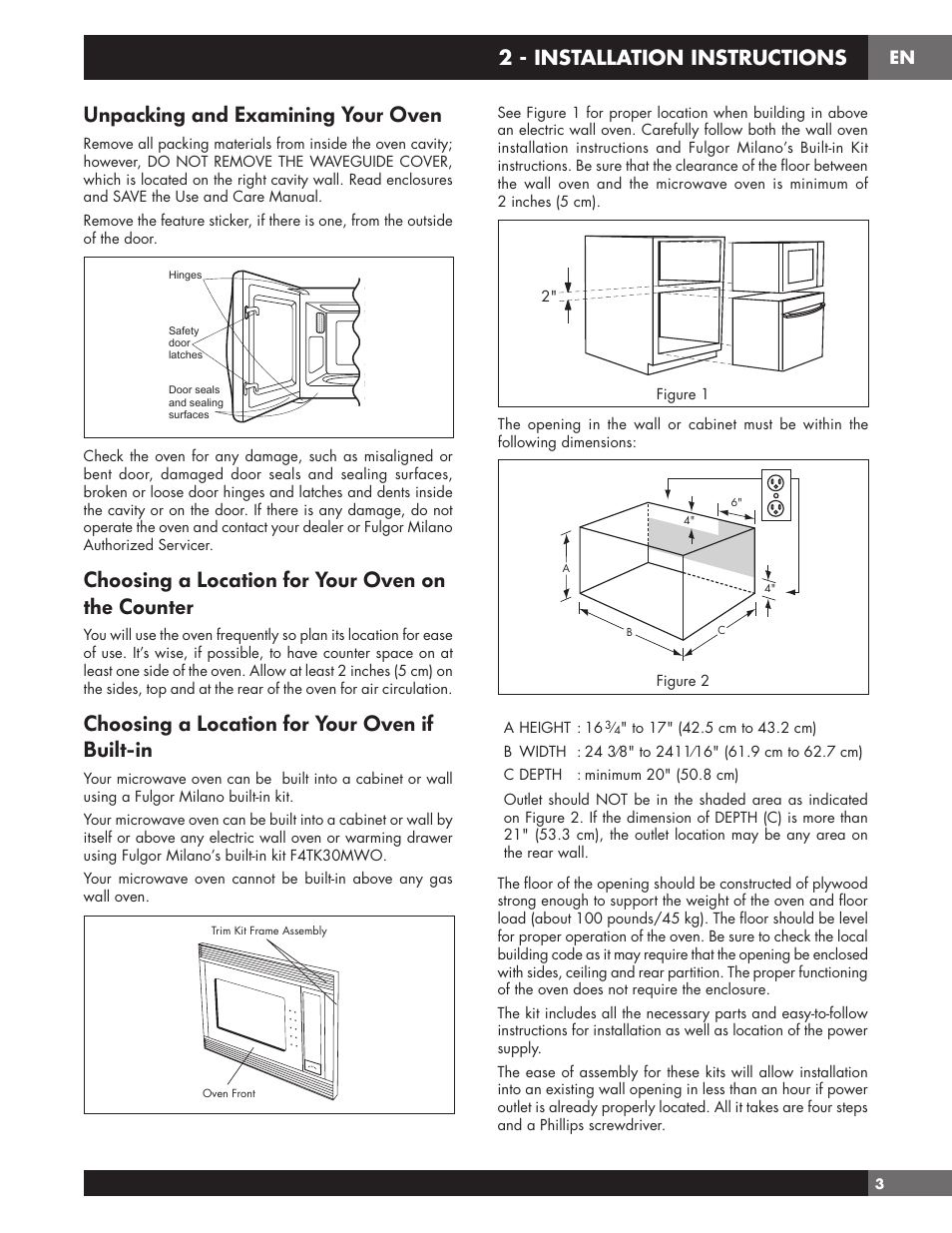 Unpacking and examining your oven, Choosing a location for your oven on the counter, Choosing a location for your oven if built-in | 2 - installation instructions | Fulgor Milano 24 Inch Countertop Microwave Oven Use and Care Manual User Manual | Page 5 / 56