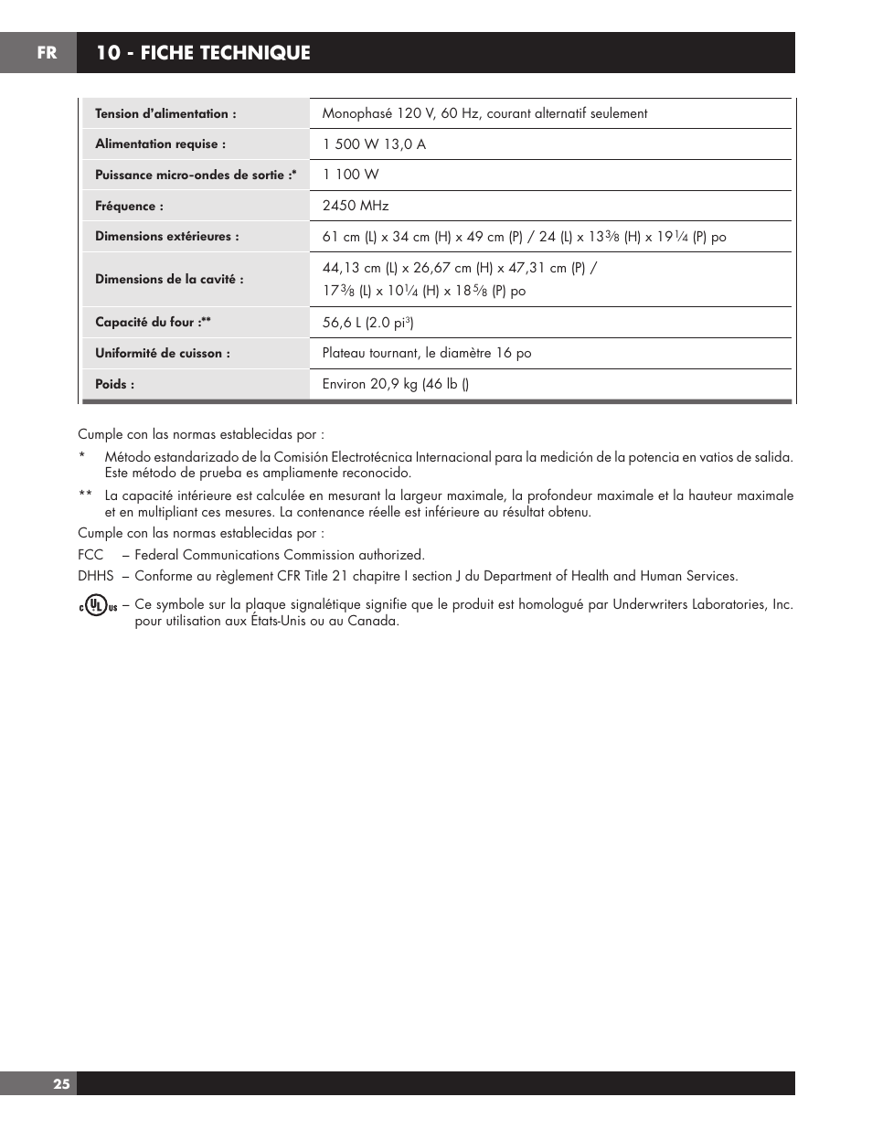 10 - fiche technique | Fulgor Milano 24 Inch Countertop Microwave Oven Use and Care Manual User Manual | Page 52 / 56