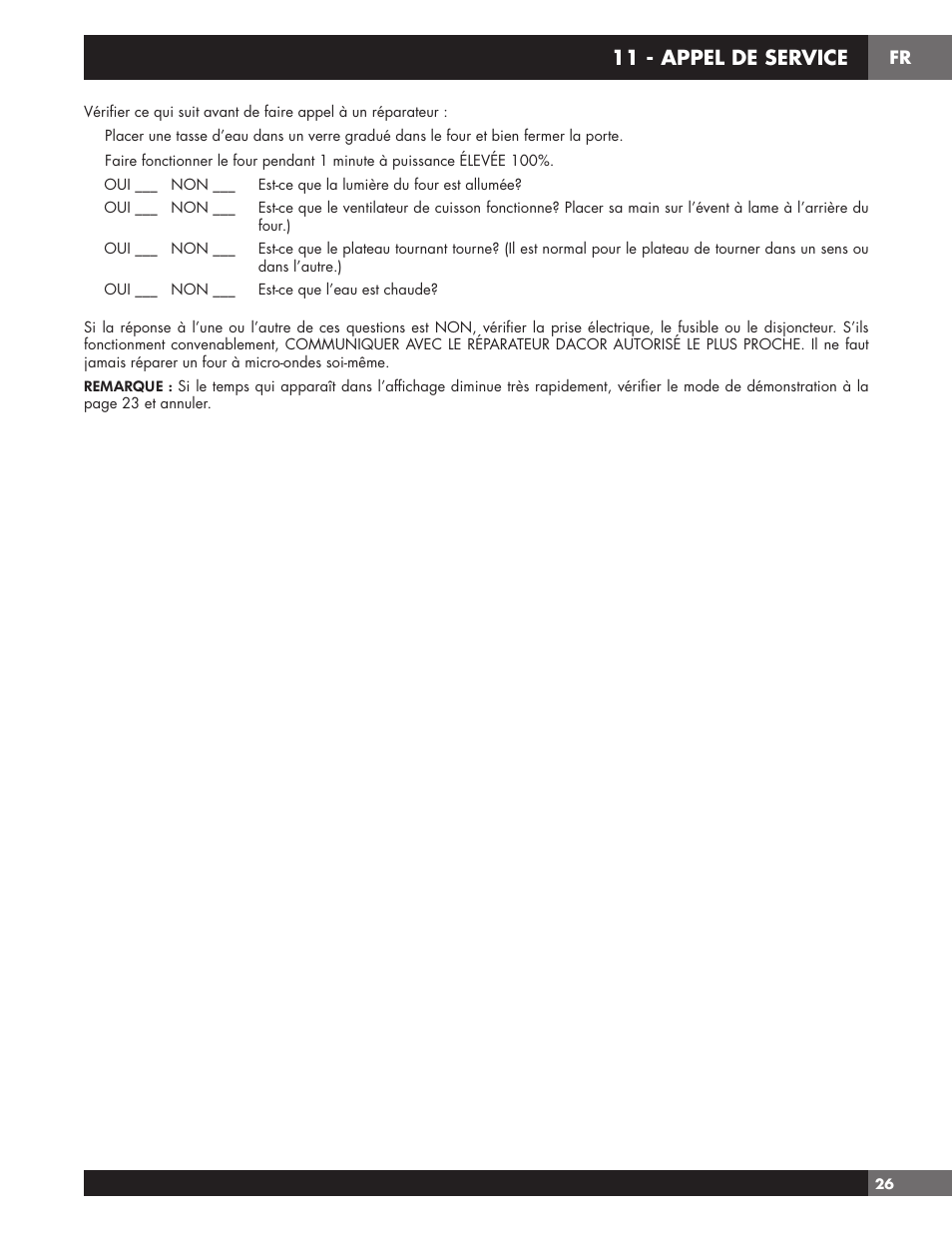 11 - appel de service | Fulgor Milano 24 Inch Countertop Microwave Oven Use and Care Manual User Manual | Page 53 / 56