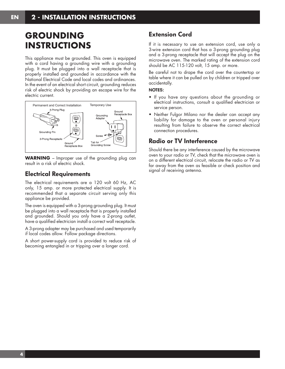 Grounding instructions, Electrical requirements, Extension cord | Radio or tv interference, 2 - installation instructions | Fulgor Milano 24 Inch Countertop Microwave Oven Use and Care Manual User Manual | Page 6 / 56