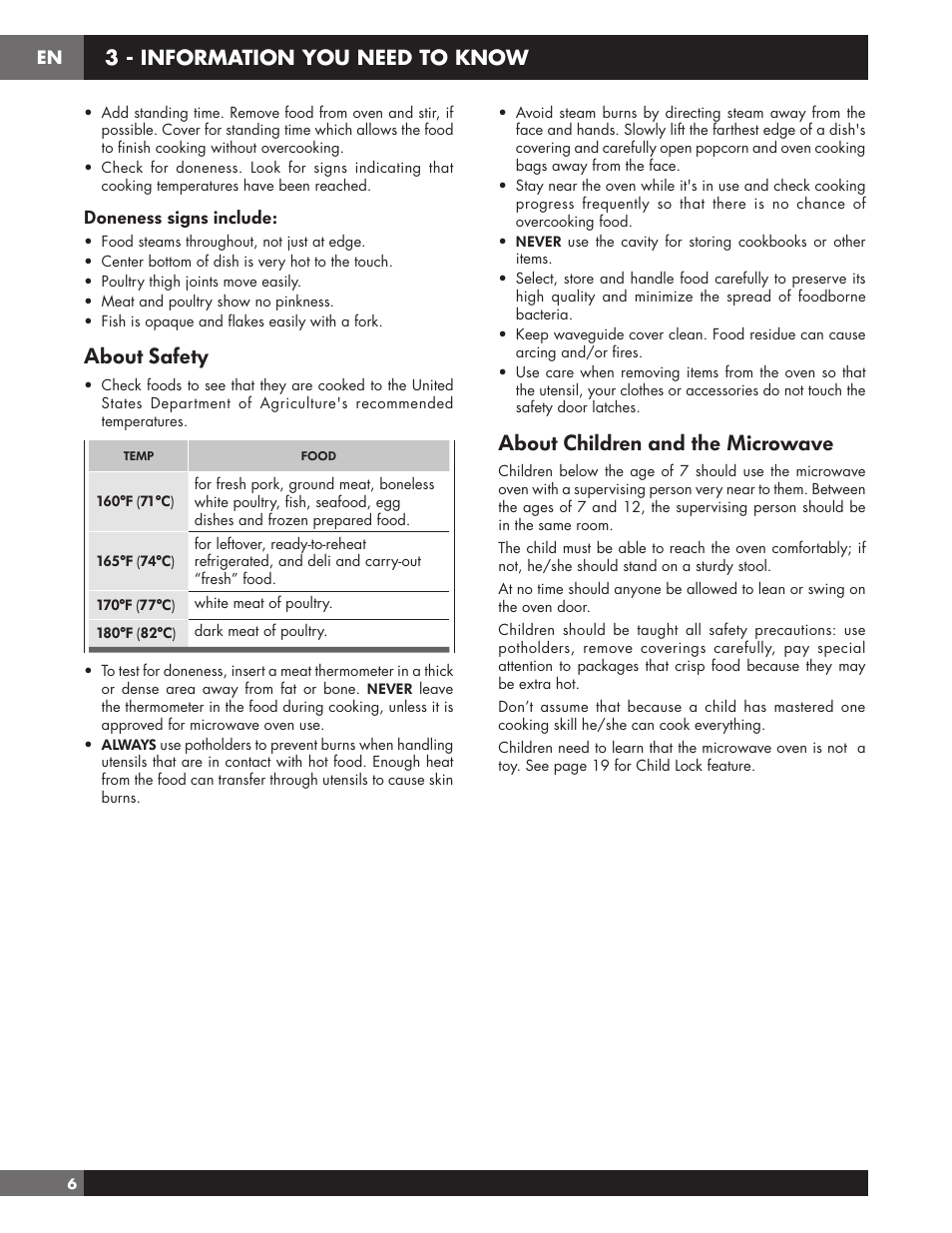 About safety, About children and the microwave, 3 - information you need to know | Doneness signs include | Fulgor Milano 24 Inch Countertop Microwave Oven Use and Care Manual User Manual | Page 8 / 56