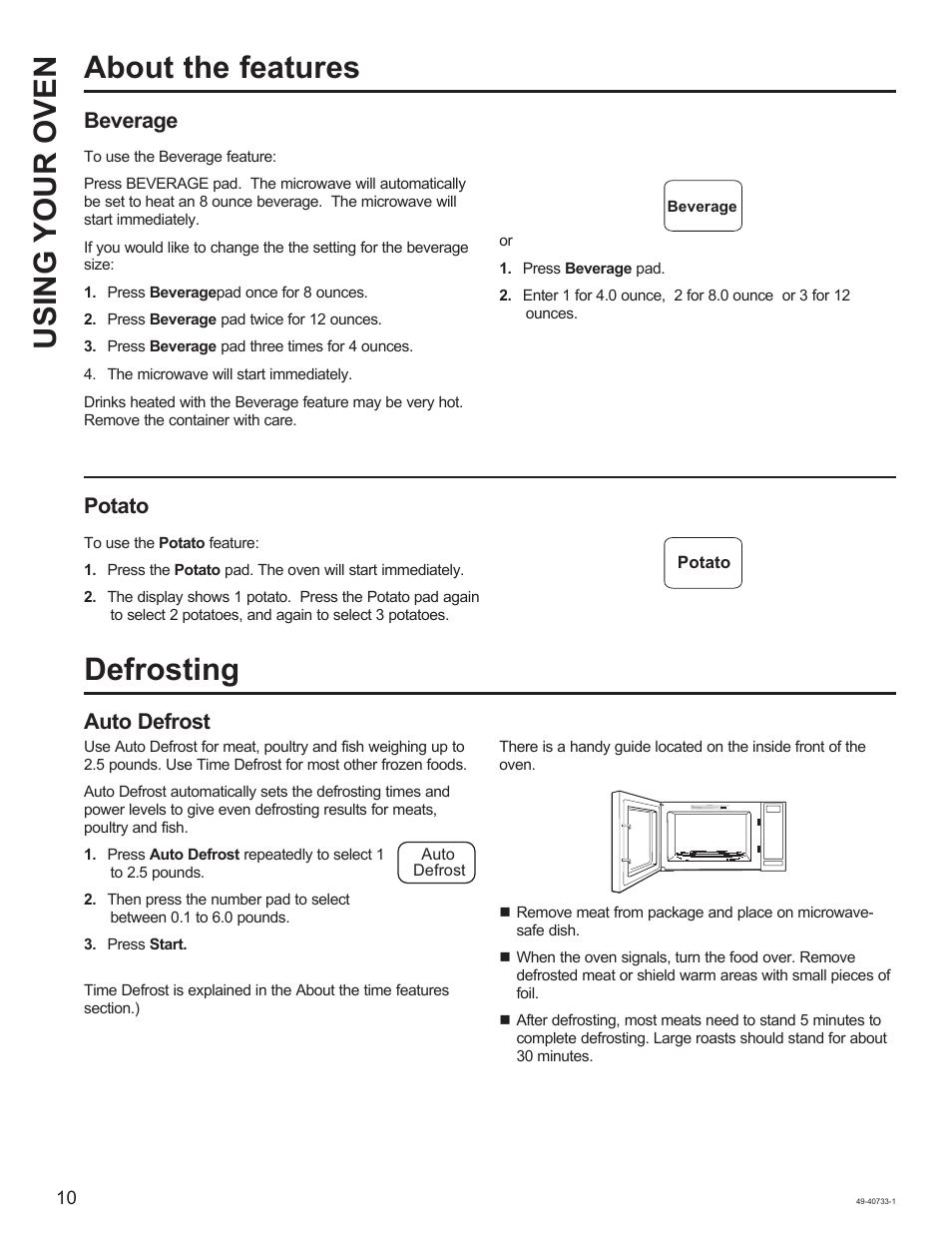 About the features using your oven, Defrosting, Auto defrost | Potato, Beverage | GE 0.7 cu. ft. Countertop Microwave Oven Owner Manual User Manual | Page 10 / 32