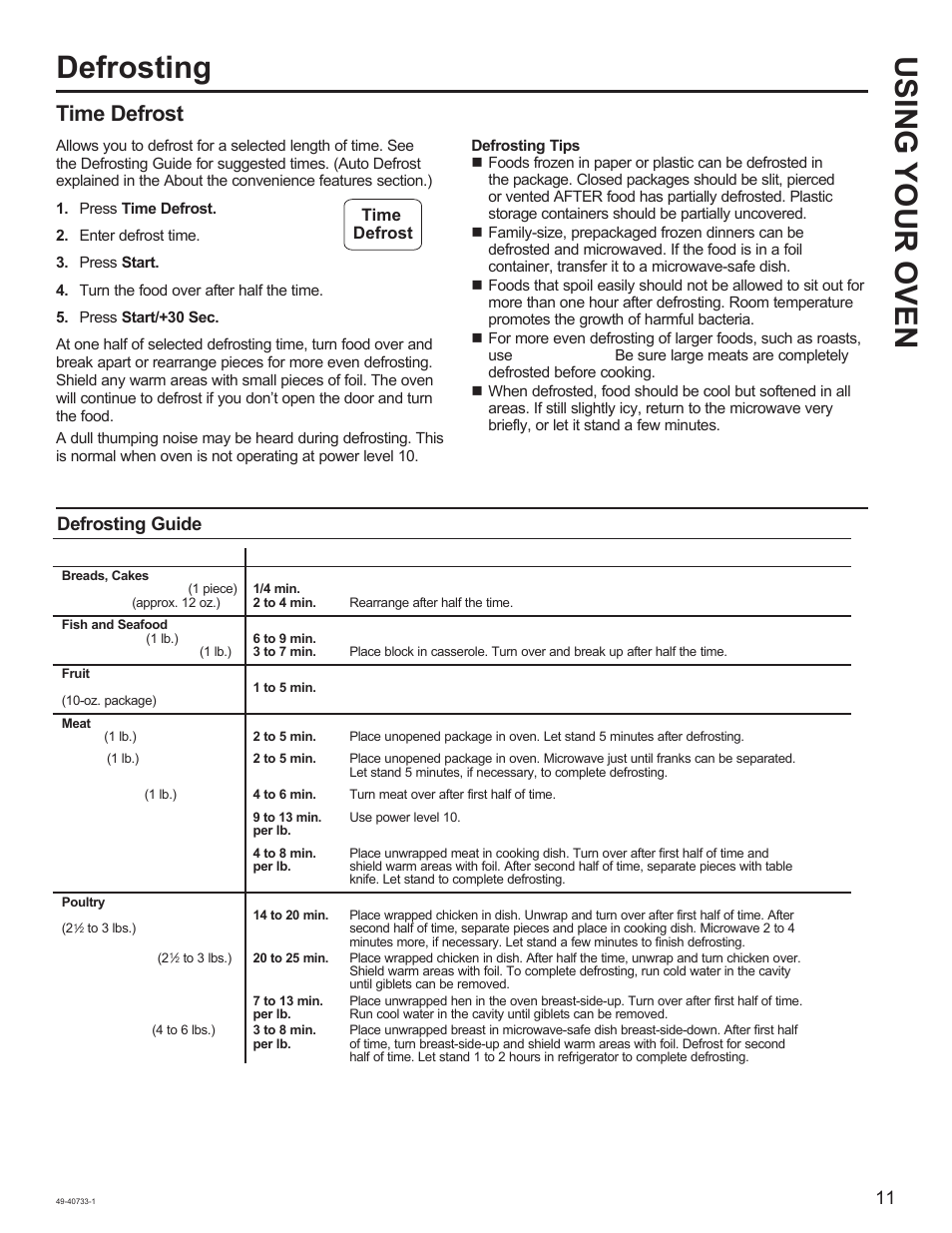 Defrosting using your oven, Time defrost, Defrosting guide | GE 0.7 cu. ft. Countertop Microwave Oven Owner Manual User Manual | Page 11 / 32