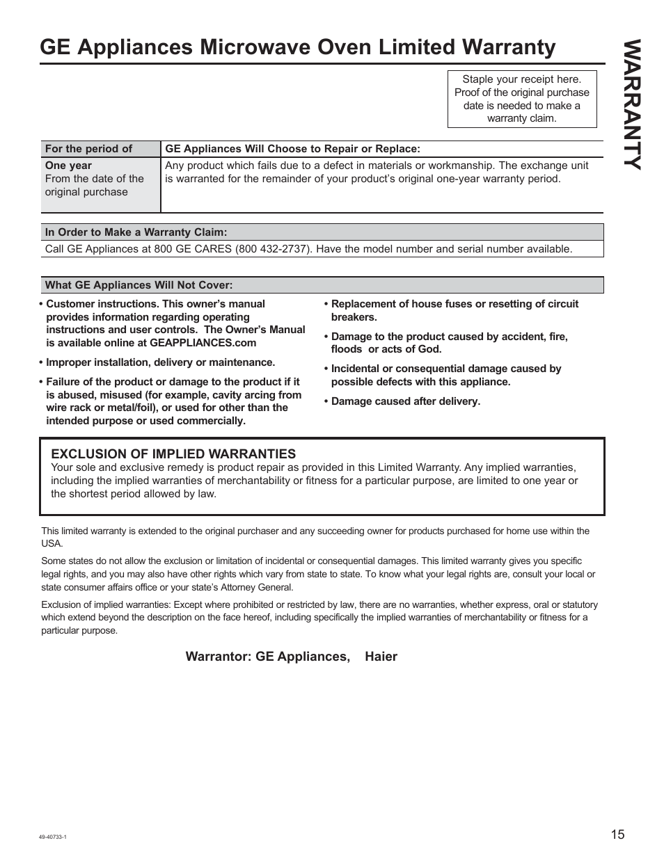 Warranty, Ge appliances microwave oven limited warranty | GE 0.7 cu. ft. Countertop Microwave Oven Owner Manual User Manual | Page 15 / 32