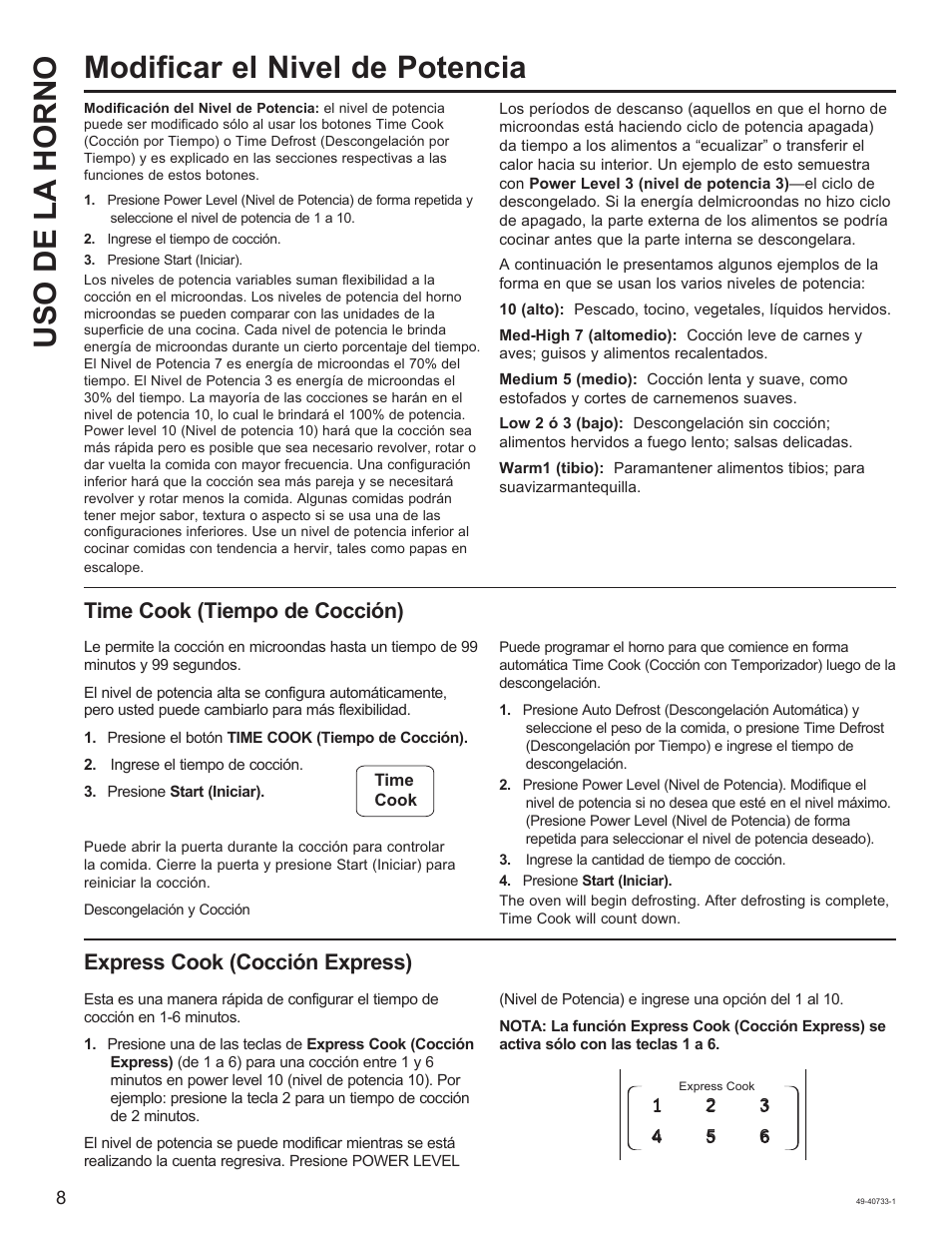 Modificar el nivel de potencia uso de la horno, Time cook (tiempo de cocción), Express cook (cocción express) | GE 0.7 cu. ft. Countertop Microwave Oven Owner Manual User Manual | Page 24 / 32