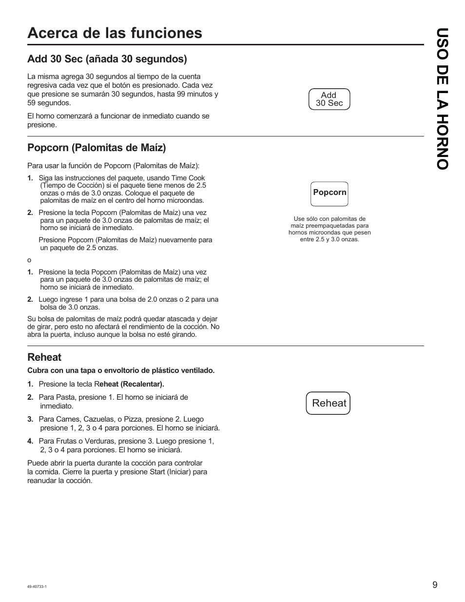 Acerca de las funciones, Uso de la horno, Popcorn (palomitas de maíz) | Add 30 sec (añada 30 segundos), Reheat | GE 0.7 cu. ft. Countertop Microwave Oven Owner Manual User Manual | Page 25 / 32