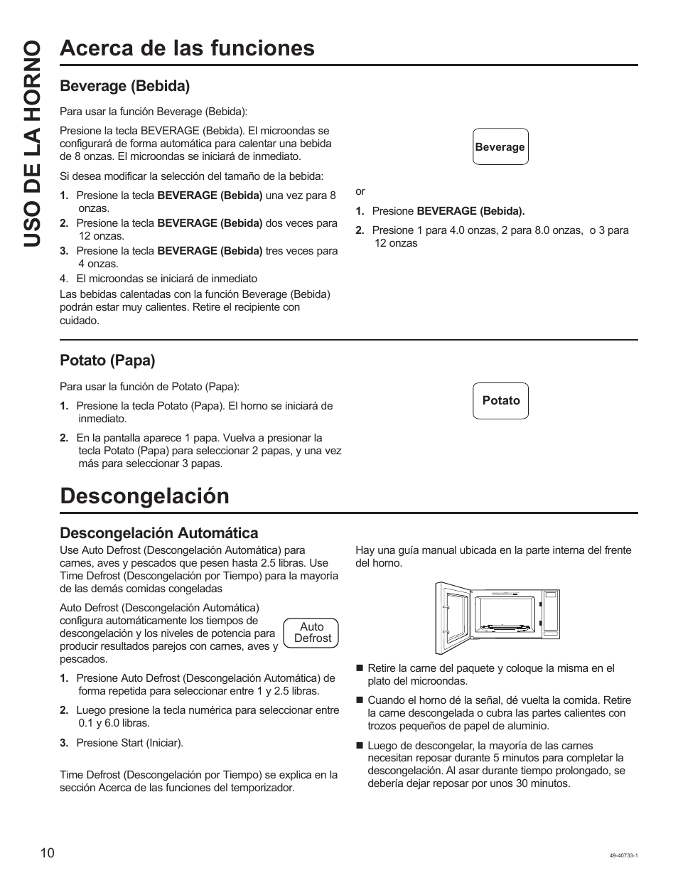 Acerca de las funciones, Descongelación uso de la horno, Descongelación automática | Potato (papa), Beverage (bebida) | GE 0.7 cu. ft. Countertop Microwave Oven Owner Manual User Manual | Page 26 / 32