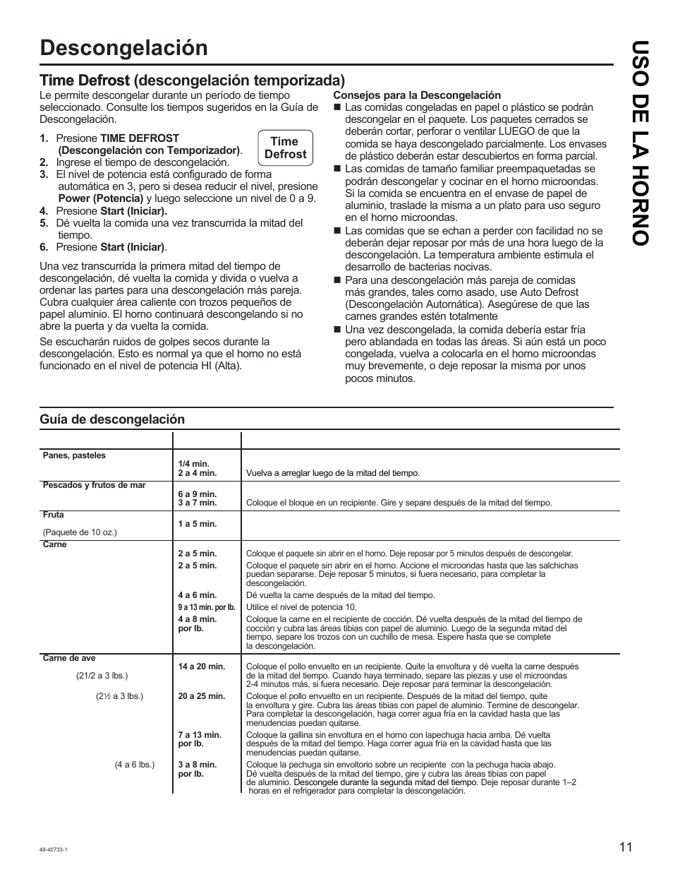 Descongelación, Uso de la horno, Guía de descongelación | Time defrost | GE 0.7 cu. ft. Countertop Microwave Oven Owner Manual User Manual | Page 27 / 32