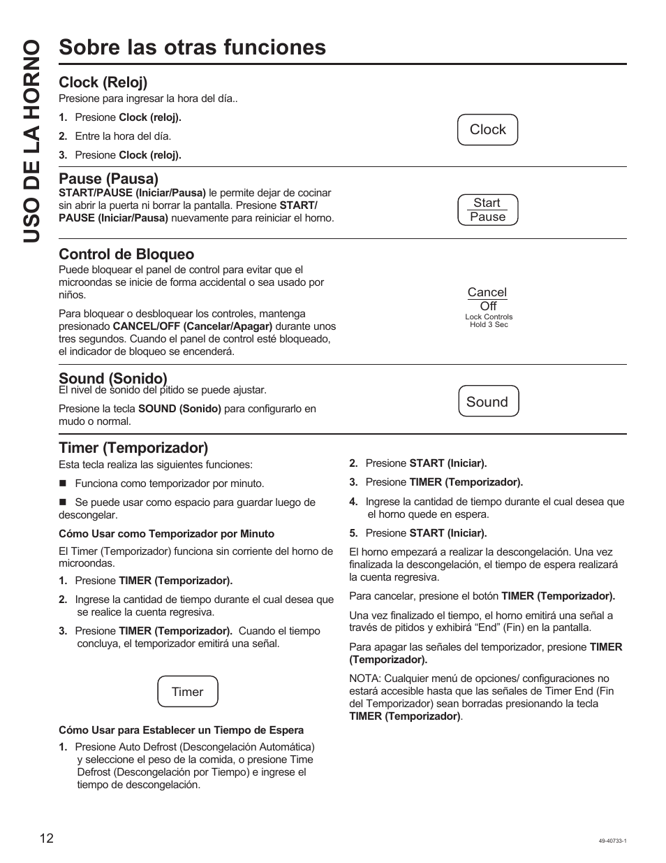 Sobre las otras funciones, Uso de la horno, Clock (reloj) | Pause (pausa), Control de bloqueo, Sound (sonido), Timer (temporizador), Clock, Sound | GE 0.7 cu. ft. Countertop Microwave Oven Owner Manual User Manual | Page 28 / 32