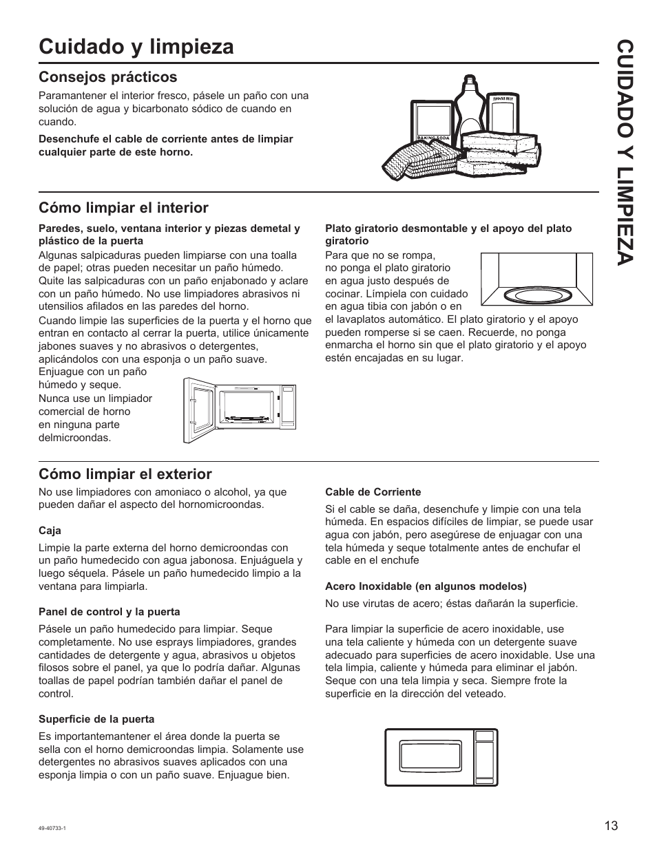 Cuidado y limpieza cuidado y limpieza, Consejos prácticos, Cómo limpiar el interior | Cómo limpiar el exterior | GE 0.7 cu. ft. Countertop Microwave Oven Owner Manual User Manual | Page 29 / 32