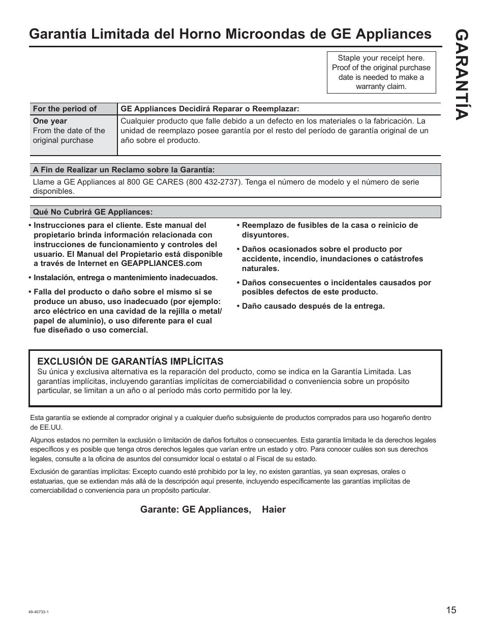Garantía | GE 0.7 cu. ft. Countertop Microwave Oven Owner Manual User Manual | Page 31 / 32