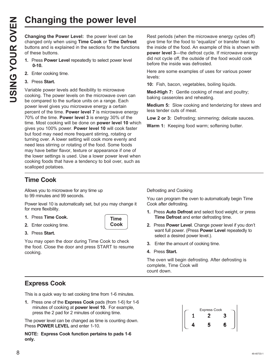 Changing the power level using your oven, Time cook, Express cook | GE 0.7 cu. ft. Countertop Microwave Oven Owner Manual User Manual | Page 8 / 32