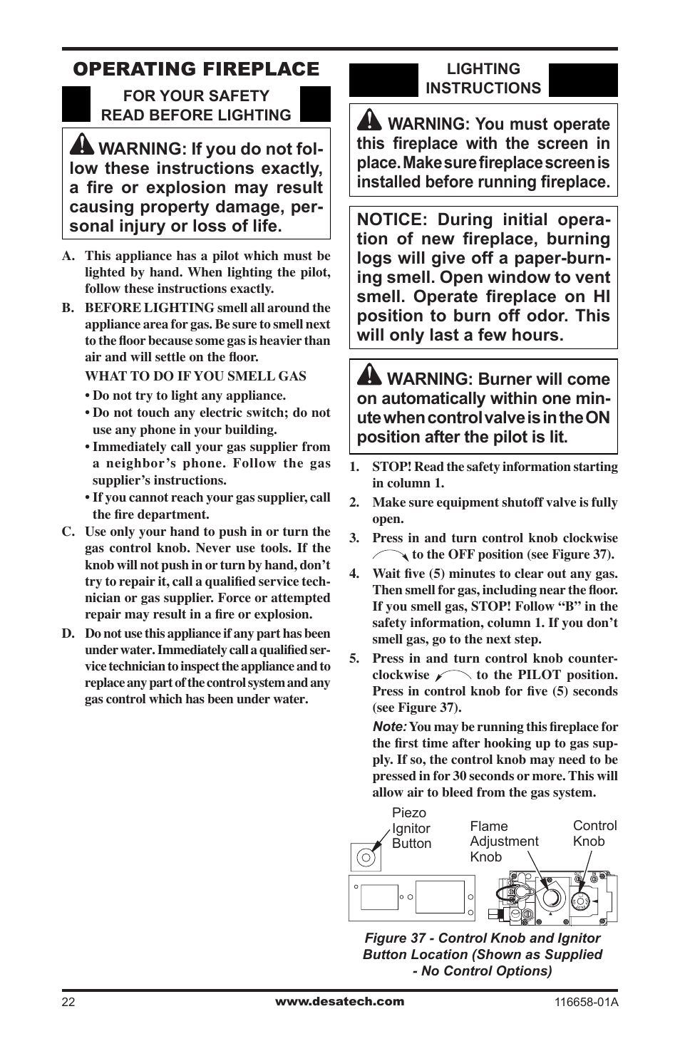 Operating fireplace | Desa CDCFNRA User Manual | Page 22 / 40