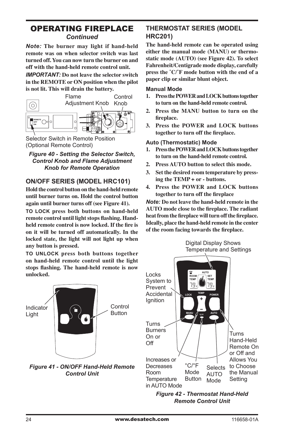 Operating fireplace, Continued, On/off series (model hrc101) | Thermostat series (model hrc201) | Desa CDCFNRA User Manual | Page 24 / 40