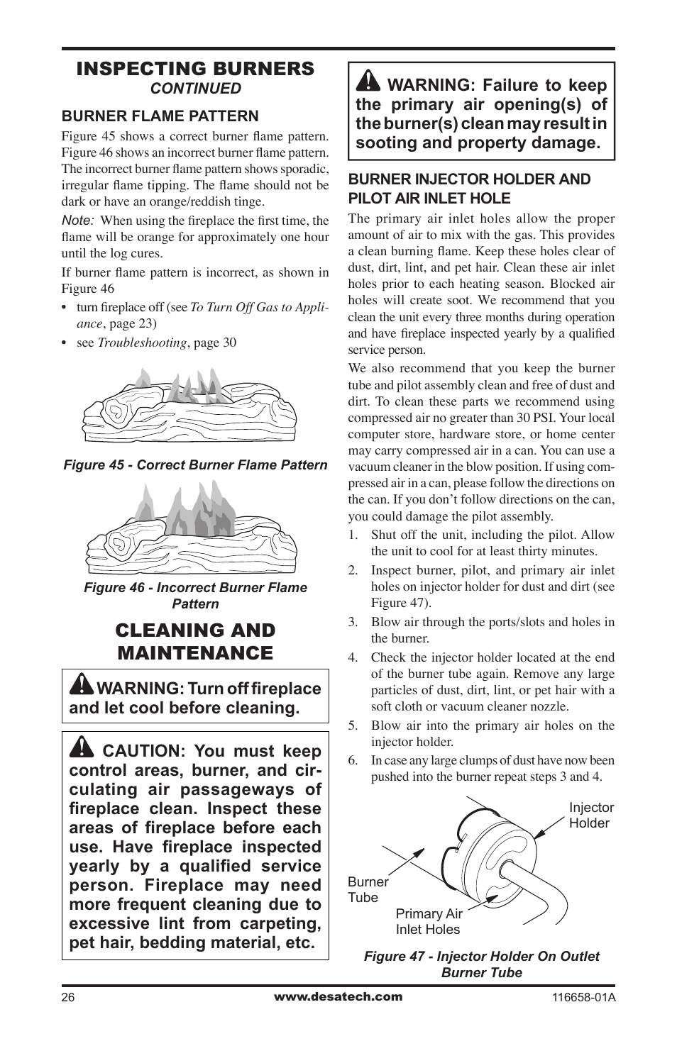 Cleaning and maintenance, Inspecting burners | Desa CDCFNRA User Manual | Page 26 / 40