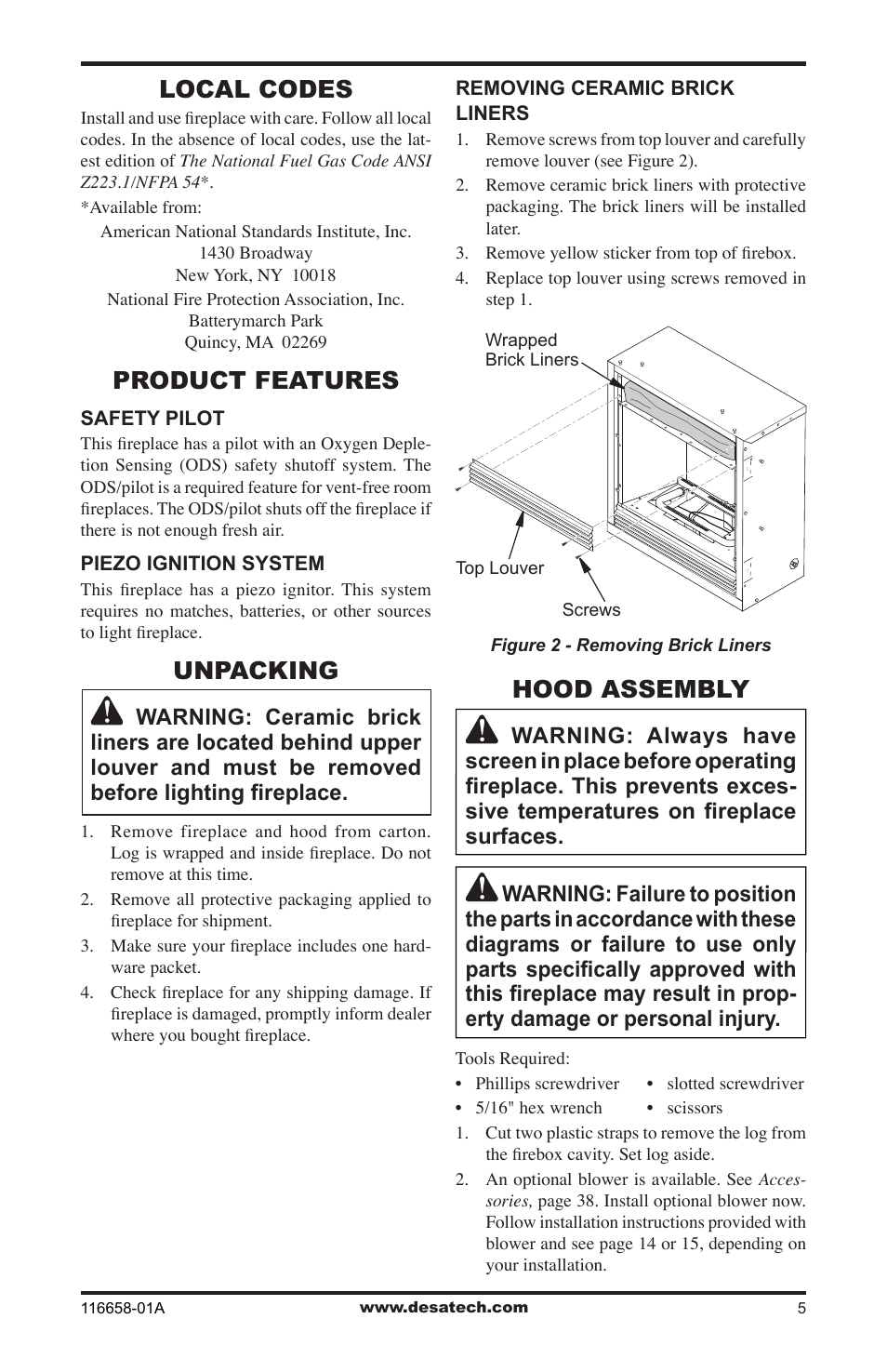 Local codes, Product features, Unpacking | Hood assembly | Desa CDCFNRA User Manual | Page 5 / 40
